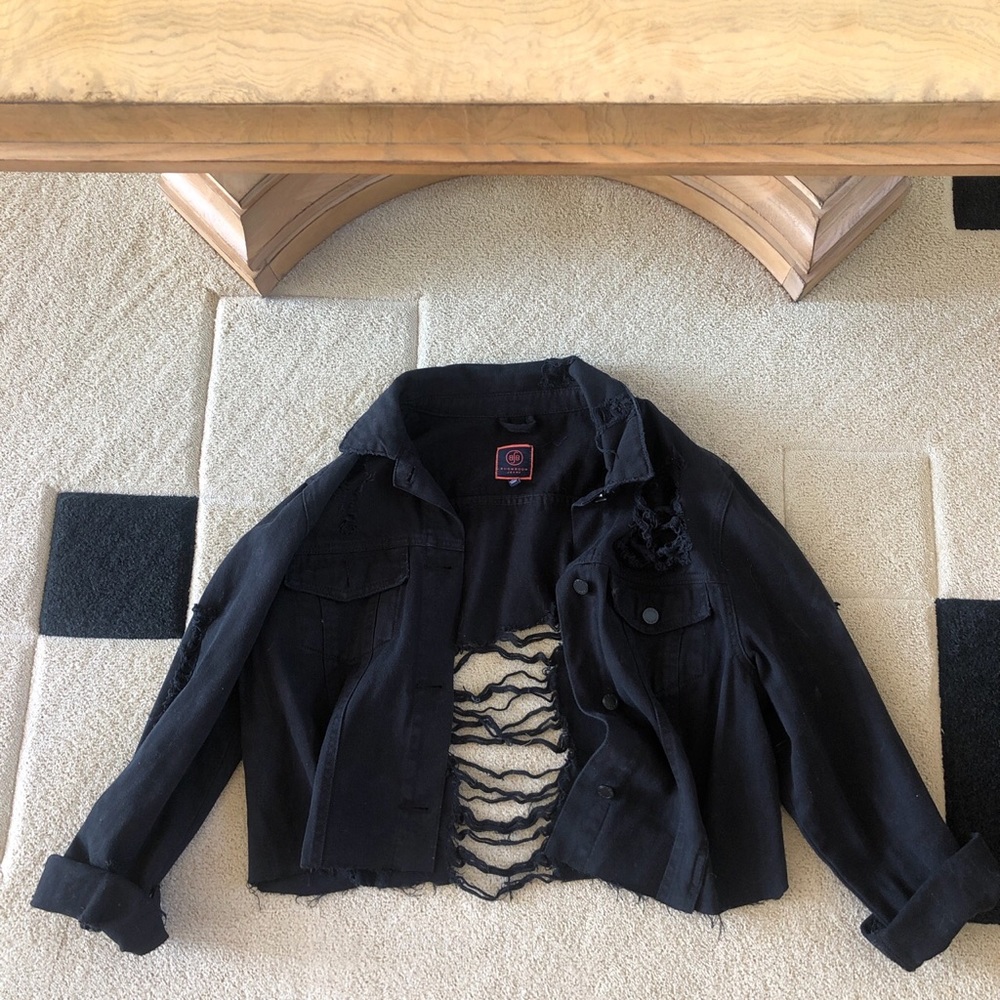 Black distressed denim cropped jacket